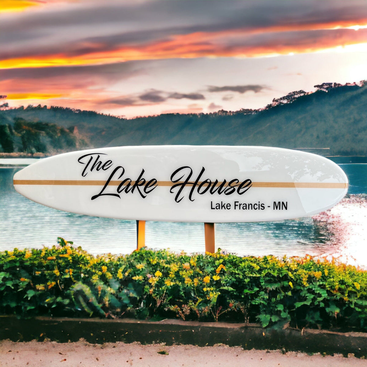 custom decorative surfboard signs for your lake house or beach house. Wooden Surf board decor for wall and surfboard wall art
