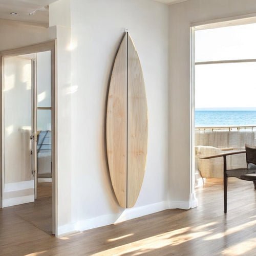 wood surfboard art for coastal decor