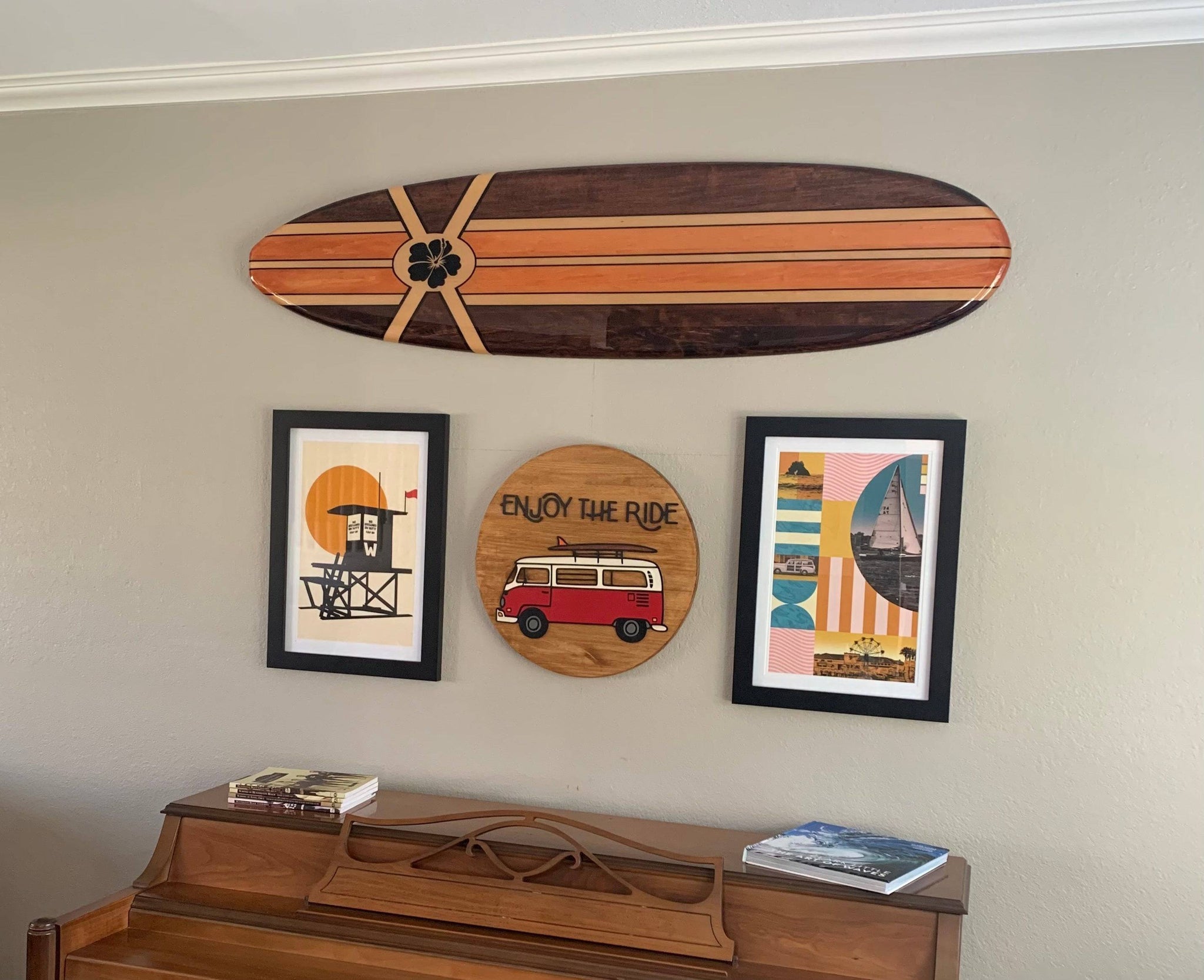 Floral Wood Wall Art: Coastal Farmhouse Surfboard Decor